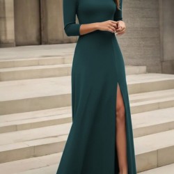 Kadın Uzun Kollu Madonna Yakalı Yırtmaç Detaylı Uzun Ithal Krep Elbise, 29638