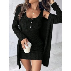 Kadın Askılı Yuvarlak Yakalı önü Düğmeli şardonlu Kaşkorse Mini Elbise Ve Kısa Ceket , 29642