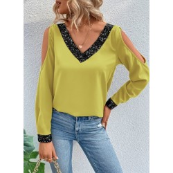 Kadın Uzun Kollu V Yakalı Omuzlardan Açık Sandy Bluz , 29697