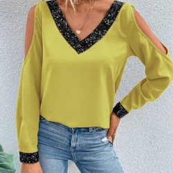 Kadın Uzun Kollu V Yakalı Omuzlardan Açık Sandy Bluz , 29697