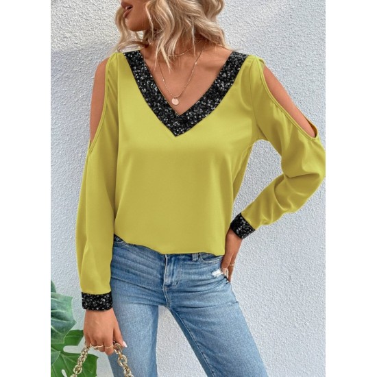 Kadın Uzun Kollu V Yakalı Omuzlardan Açık Sandy Bluz , 29697