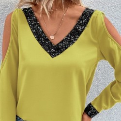 Kadın Uzun Kollu V Yakalı Omuzlardan Açık Sandy Bluz , 29697