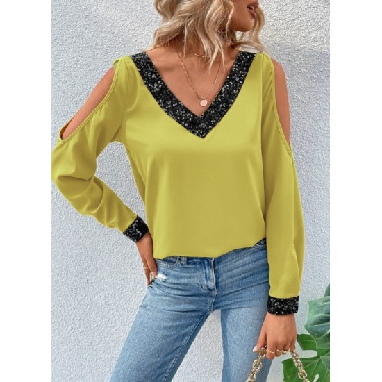 Kadın Uzun Kollu V Yakalı Omuzlardan Açık Sandy Bluz , 29697