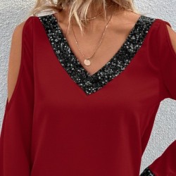 Kadın Uzun Kollu V Yakalı Omuzlardan Açık Sandy Bluz , 29696