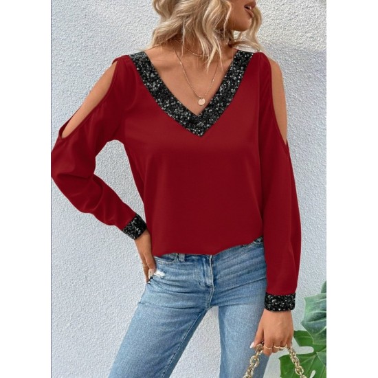 Kadın Uzun Kollu V Yakalı Omuzlardan Açık Sandy Bluz , 29696