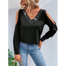 Kadın Uzun Kollu V Yakalı Omuzlardan Açık Sandy Bluz , 29695