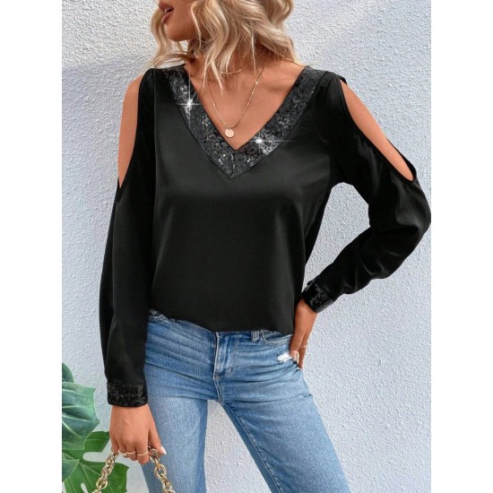 Kadın Uzun Kollu V Yakalı Omuzlardan Açık Sandy Bluz , 29695