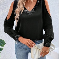 Kadın Uzun Kollu V Yakalı Omuzlardan Açık Sandy Bluz , 29695