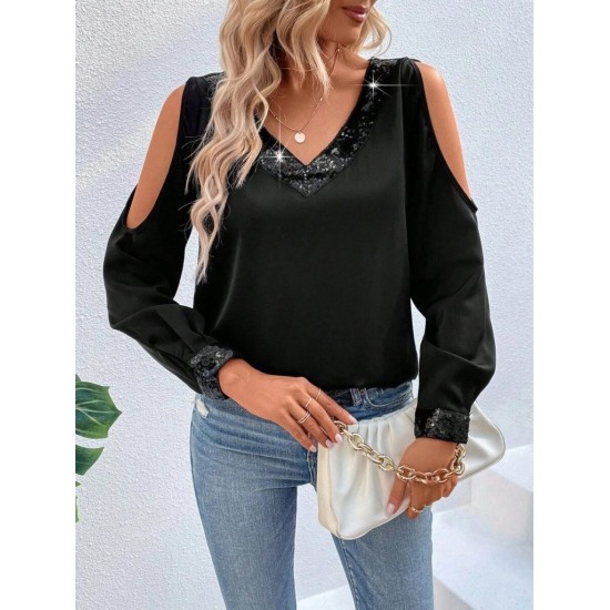 Kadın Uzun Kollu V Yakalı Omuzlardan Açık Sandy Bluz , 29695