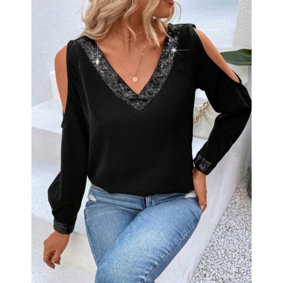 Kadın Uzun Kollu V Yakalı Omuzlardan Açık Sandy Bluz , 29695