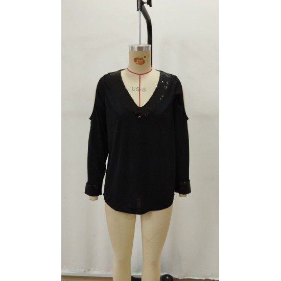 Kadın Uzun Kollu V Yakalı Omuzlardan Açık Sandy Bluz , 29695