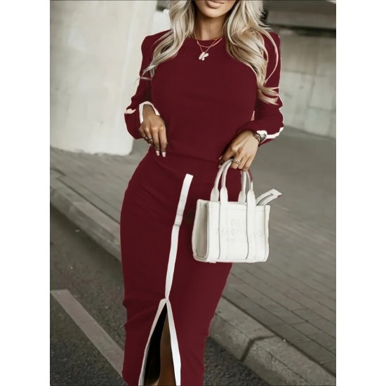 Kadın Uzun Kollu Bisiklet Yaka Kaşkorse Bluz Ve Yırtmaçlı Etek Ikili Takım , 29693