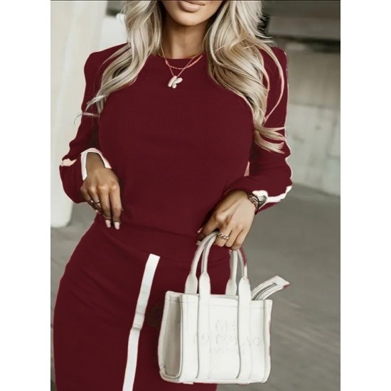 Kadın Uzun Kollu Bisiklet Yaka Kaşkorse Bluz Ve Yırtmaçlı Etek Ikili Takım , 29693