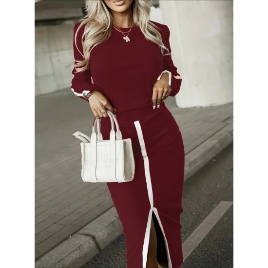 Kadın Uzun Kollu Bisiklet Yaka Kaşkorse Bluz Ve Yırtmaçlı Etek Ikili Takım , 29693