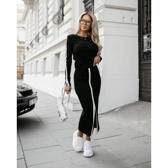 Kadın Uzun Kollu Bisiklet Yaka Kaşkorse Bluz Ve Yırtmaçlı Etek Ikili Takım , 29692