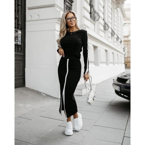 Kadın Uzun Kollu Bisiklet Yaka Kaşkorse Bluz Ve Yırtmaçlı Etek Ikili Takım , 29692