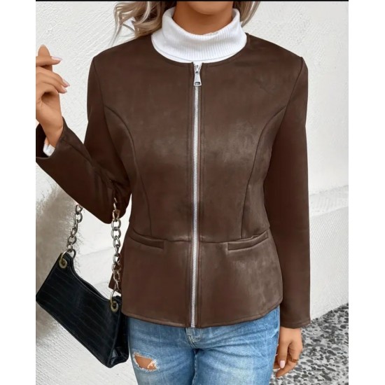 Kadın Uzun Kollu Yuvarlak Yaka önden Fermuarlı Süet Ceket, 29685