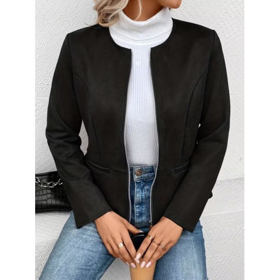 Kadın Uzun Kollu Yuvarlak Yaka önden Fermuarlı Süet Ceket, 29684
