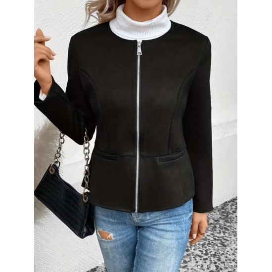 Kadın Uzun Kollu Yuvarlak Yaka önden Fermuarlı Süet Ceket, 29684