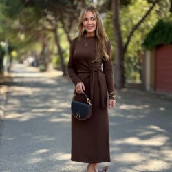 Kadın Uzun Kollu Bisiklet Yaka Yandan Bağlamalı Uzun Modal Elbise, 29682