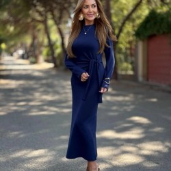 Kadın Uzun Kollu Bisiklet Yaka Yandan Bağlamalı Uzun Modal Elbise, 29681