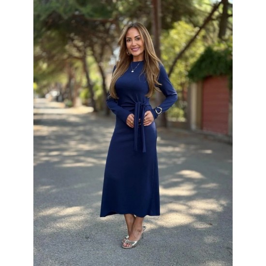 Kadın Uzun Kollu Bisiklet Yaka Yandan Bağlamalı Uzun Modal Elbise, 29681