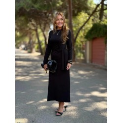 Kadın Uzun Kollu Bisiklet Yaka Yandan Bağlamalı Uzun Modal Elbise , 29680