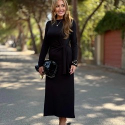 Kadın Uzun Kollu Bisiklet Yaka Yandan Bağlamalı Uzun Modal Elbise , 29680