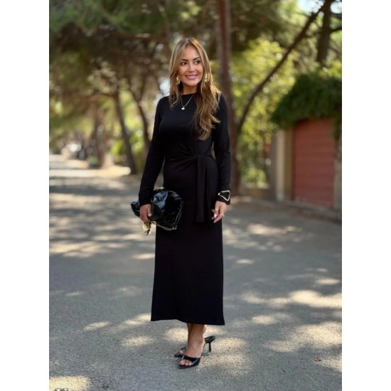 Kadın Uzun Kollu Bisiklet Yaka Yandan Bağlamalı Uzun Modal Elbise , 29680