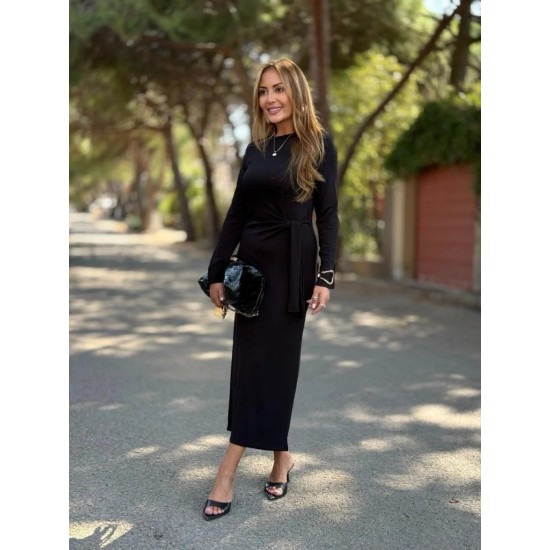 Kadın Uzun Kollu Bisiklet Yaka Yandan Bağlamalı Uzun Modal Elbise , 29680