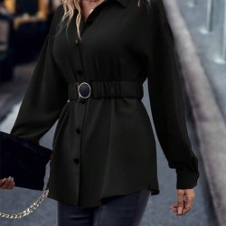 Kadın Uzun Kollu Yakalı önden Düğmeli Belden Kemerli Ithal Krep Bluz , 29678