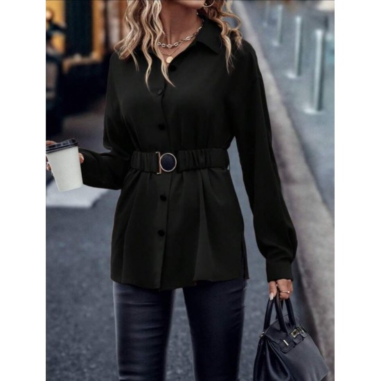 Kadın Uzun Kollu Yakalı önden Düğmeli Belden Kemerli Ithal Krep Bluz , 29678