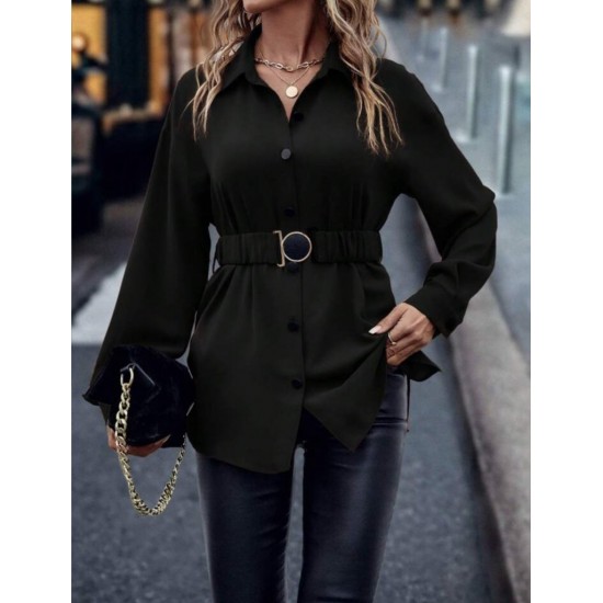 Kadın Uzun Kollu Yakalı önden Düğmeli Belden Kemerli Ithal Krep Bluz , 29678