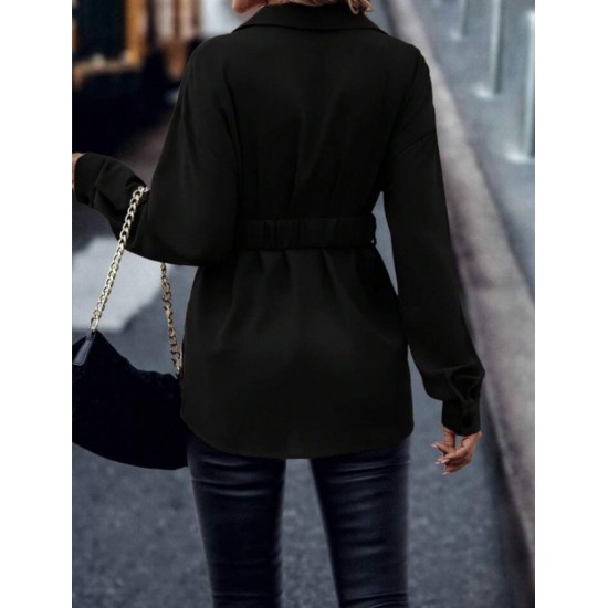 Kadın Uzun Kollu Yakalı önden Düğmeli Belden Kemerli Ithal Krep Bluz , 29678