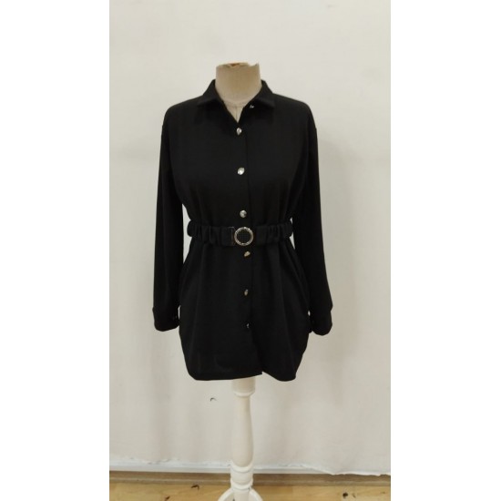 Kadın Uzun Kollu Yakalı önden Düğmeli Belden Kemerli Ithal Krep Bluz , 29678