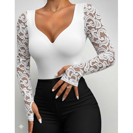 Kadın Uzun Kollu Dantelli Dekolte Detaylı Dalgıç Bluz , 29677