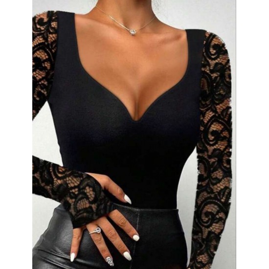 Kadın Uzun Kollu Dantelli Dekolte Detaylı Dalgıç Bluz , 29676
