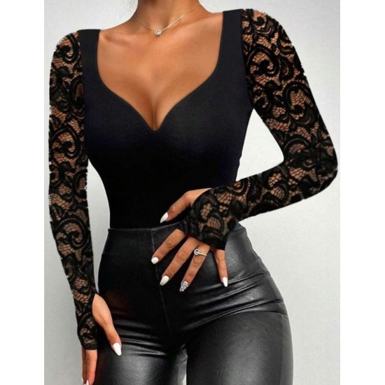 Kadın Uzun Kollu Dantelli Dekolte Detaylı Dalgıç Bluz , 29676