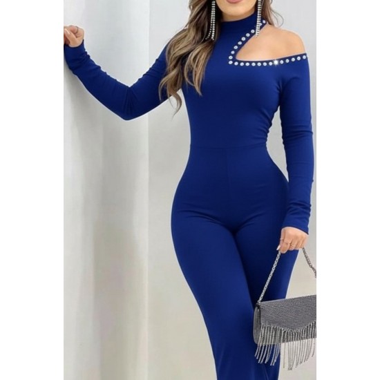 Kadın Tek Omuzdan Açık Balıkçı Yaka Taş Detaylı Uzun Ithal Krep Tulum , 29674