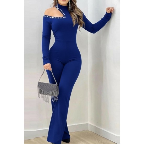 Kadın Tek Omuzdan Açık Balıkçı Yaka Taş Detaylı Uzun Ithal Krep Tulum , 29674