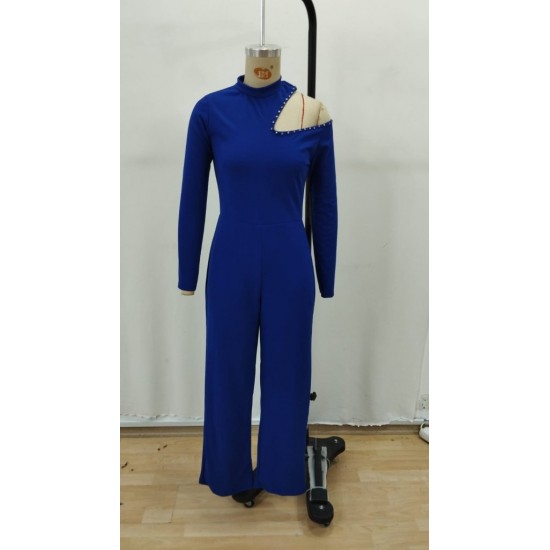 Kadın Tek Omuzdan Açık Balıkçı Yaka Taş Detaylı Uzun Ithal Krep Tulum , 29674