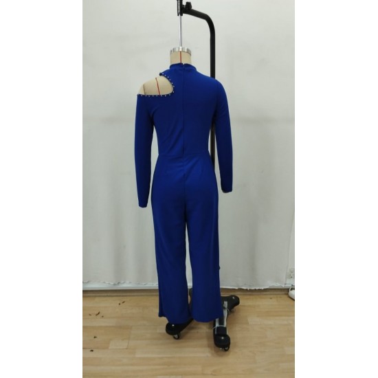 Kadın Tek Omuzdan Açık Balıkçı Yaka Taş Detaylı Uzun Ithal Krep Tulum , 29674