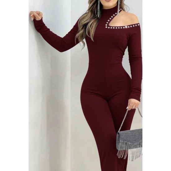 Kadın Tek Omuzdan Açık Balıkçı Yaka Taş Detaylı Uzun Ithal Krep Tulum , 29673