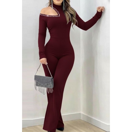 Kadın Tek Omuzdan Açık Balıkçı Yaka Taş Detaylı Uzun Ithal Krep Tulum , 29673