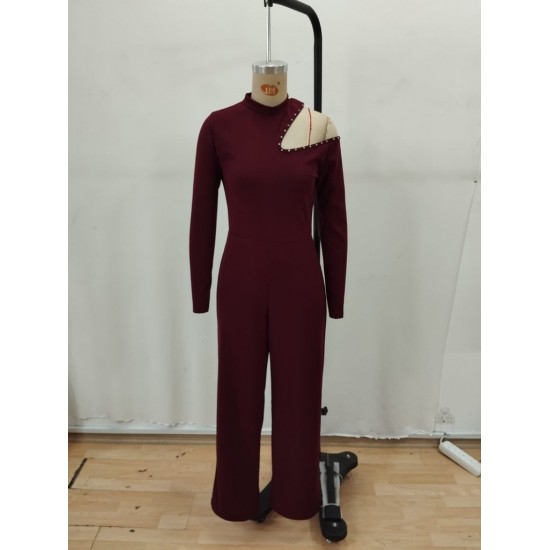 Kadın Tek Omuzdan Açık Balıkçı Yaka Taş Detaylı Uzun Ithal Krep Tulum , 29673