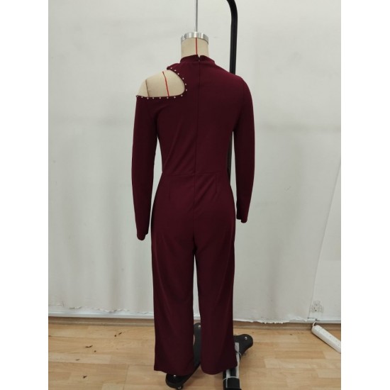 Kadın Tek Omuzdan Açık Balıkçı Yaka Taş Detaylı Uzun Ithal Krep Tulum , 29673