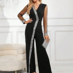 Kadın Uzun V Yakalı önden Pulpayet Detaylı Tüllü Uzun Ithal Krep Tulum, 29672