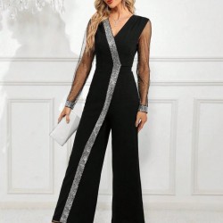 Kadın Uzun V Yakalı önden Pulpayet Detaylı Tüllü Uzun Ithal Krep Tulum, 29672