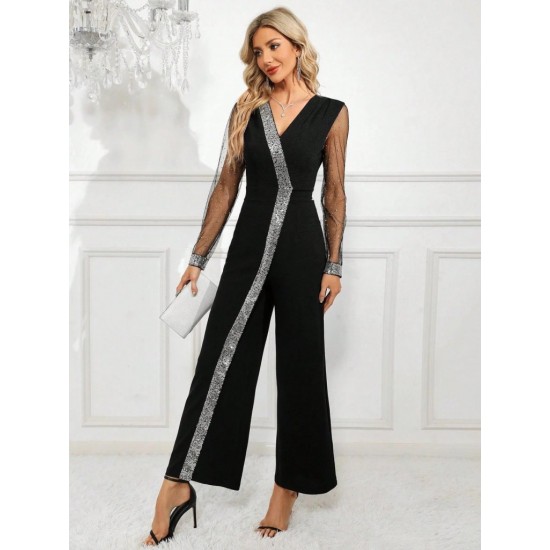 Kadın Uzun V Yakalı önden Pulpayet Detaylı Tüllü Uzun Ithal Krep Tulum, 29672