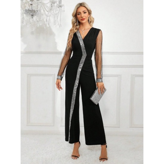 Kadın Uzun V Yakalı önden Pulpayet Detaylı Tüllü Uzun Ithal Krep Tulum, 29672